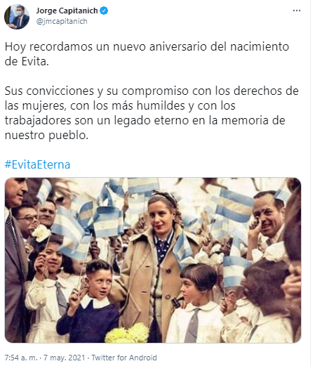 Recuerdan en las redes la figura y el legado de Evita a 102 años de su nacimiento